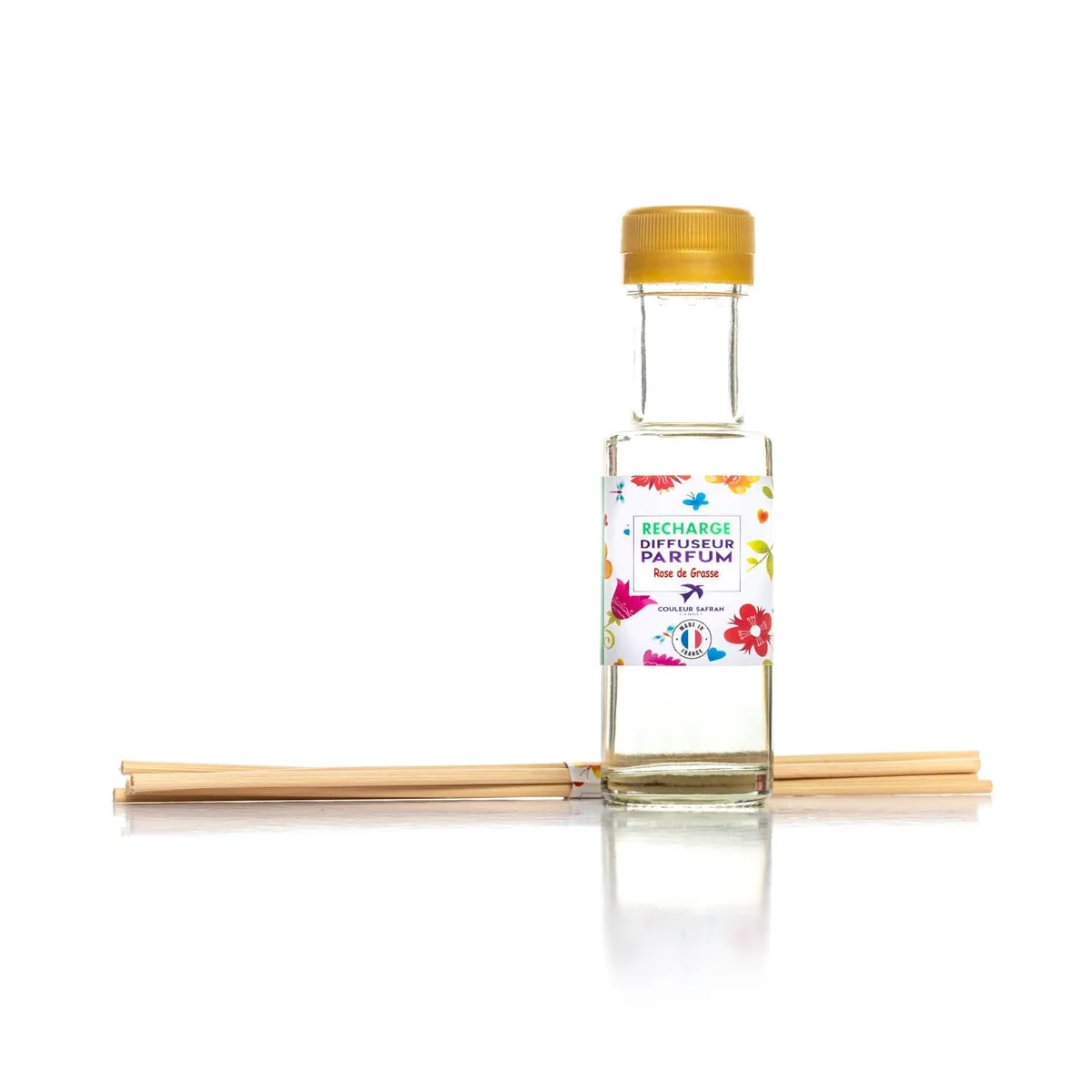Recharge de diffuseur Couleur Safran parfum Rose de Grasse en flacon de verre