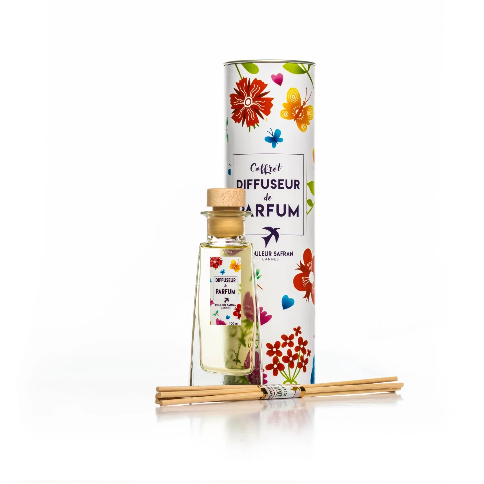Diffuseur de parfum Couleur Safran en flacon de verre avec ses bâtonnets et son coffret
