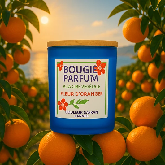 Bougie parfumée Couleur Safran en cire végétale, parfum fleur d’oranger, dans son contenant bleu